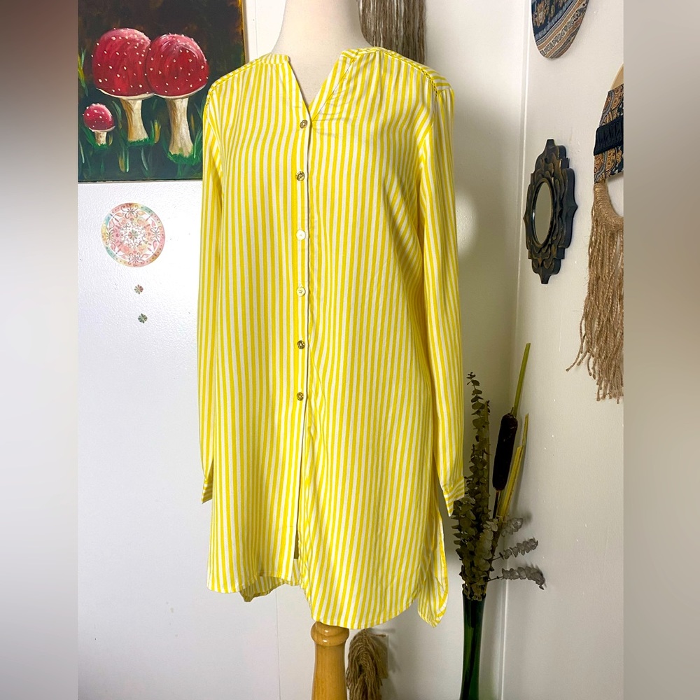C.wonder yellow white vertical stripes button up down hi low tunic top 2 = XS